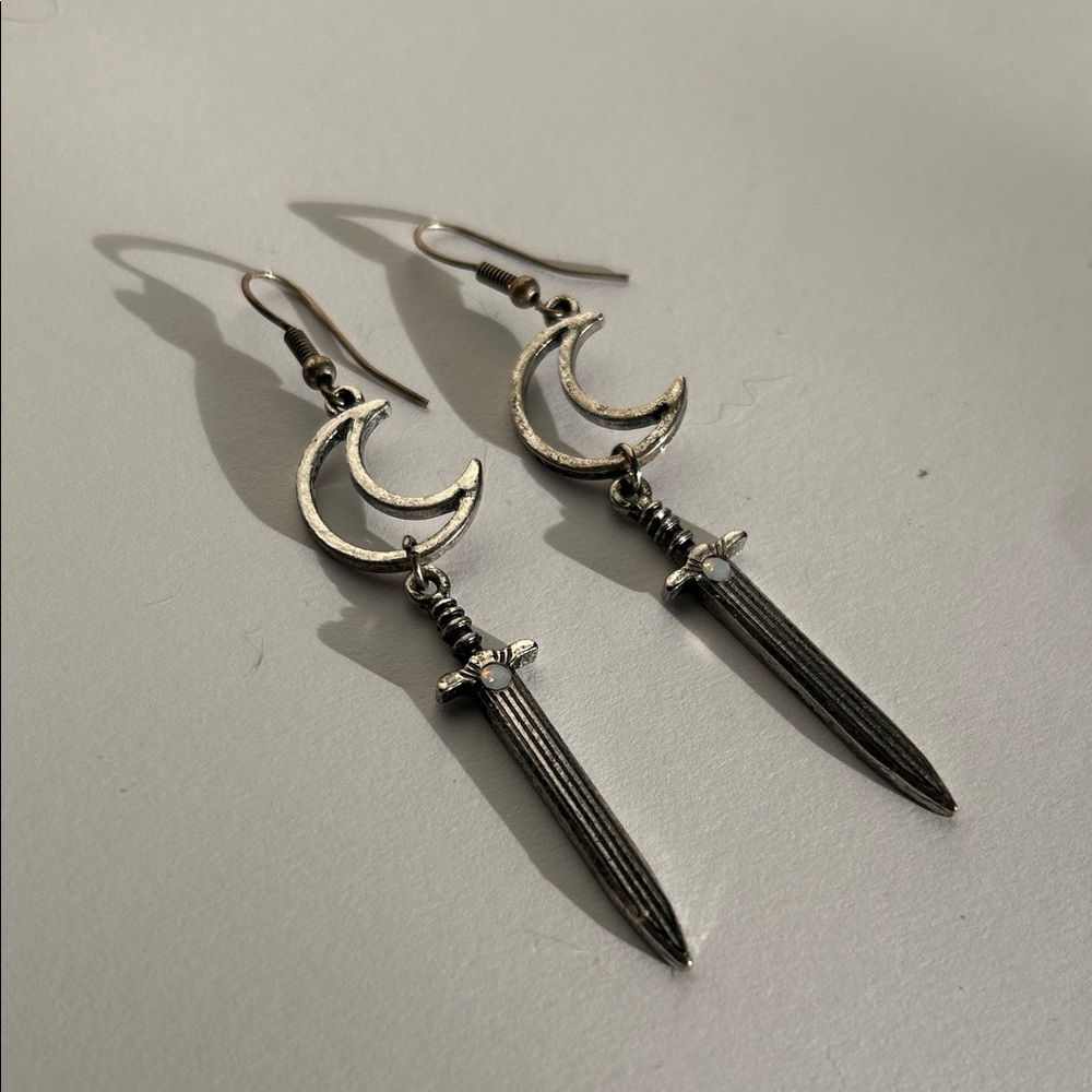 Silver Crescent Sword Earrings - Picture 1 of 3